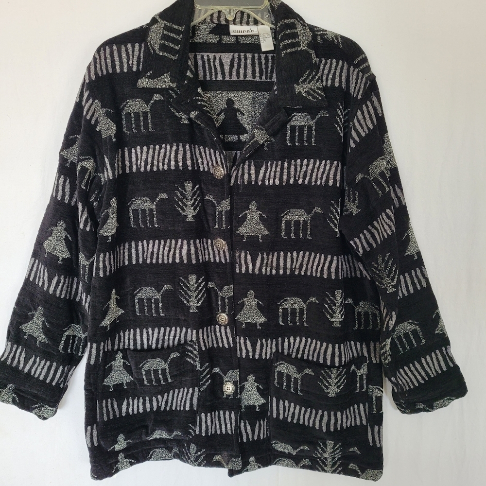 CHICOS DESIGN Blanket Jacket Blazer Size L Black Boho Primitive Lagen